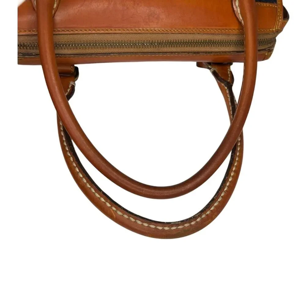 Vintage Dooney & Bourke AWL Navy British Tan Leather Barrel Satchel USA